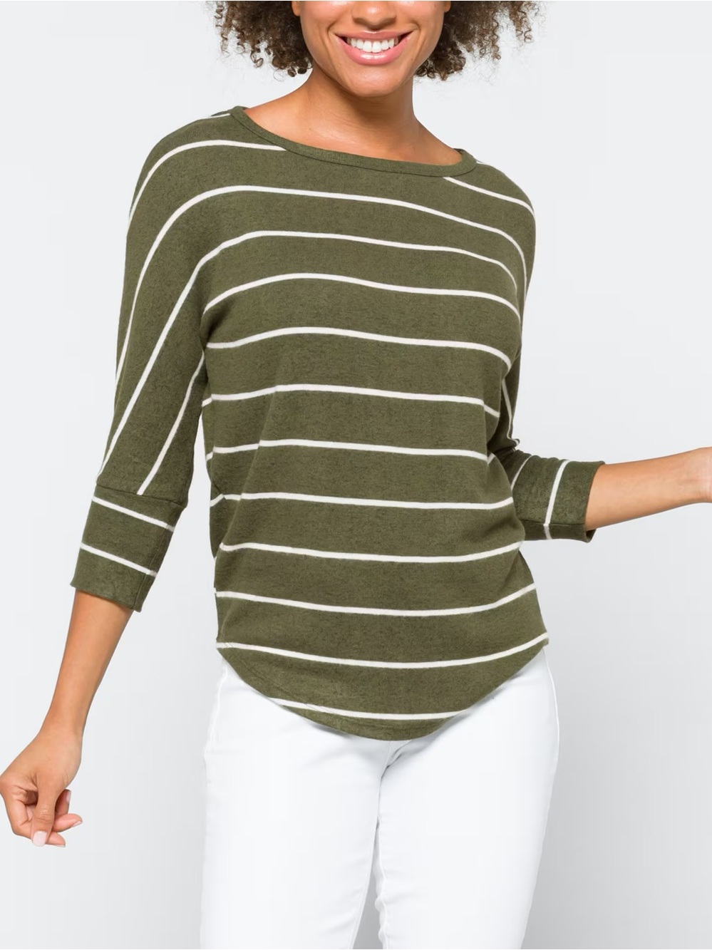 41 Hawthorn Corinna Brushed Dolman Knit Top Olive Green Ivory Stripe Sz M Cozy - Picture 2 of 11